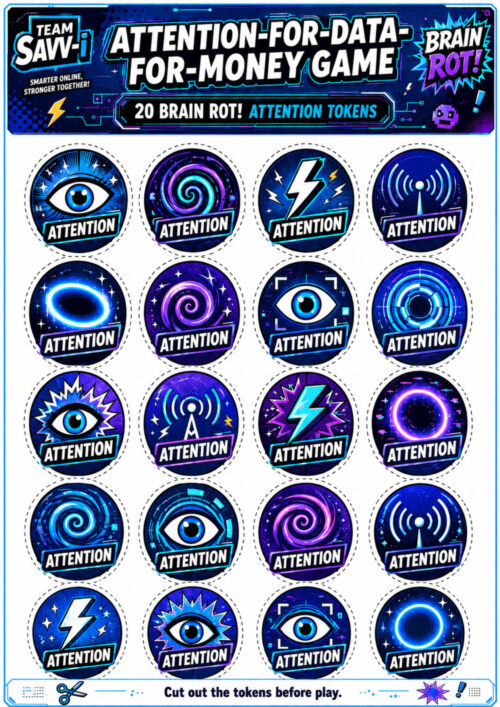 Attention for Data for Money Game A portrait-format printable game sheet from Brain Rot! and Team Savv-i, titled "Attention-for-Data-for-Money Game.” The design has a bold digital gaming style using dark navy, electric blue, teal, purple, and white. Across the top, a large banner displays the game title alongside the Team Savv-i and Brain Rot! logos. A subtitle identifies the page as containing **“20 Brain Rot! Attention Tokens.”** The main area contains **20 circular tokens arranged in five rows of four**. Each token has a dotted cutting line around its edge and prominently displays the word **“ATTENTION.”** The tokens use different digital-style symbols, including large eyes, glowing spirals, lightning bolts, wireless signal towers, and luminous rings. These repeated images suggest ideas such as watching, tracking, attraction, stimulation, connectivity, and the competition for a user’s attention. The vivid neon graphics give the tokens the appearance of rewards or currency from a digital game, reinforcing the idea that human attention can have value within online platforms and the attention economy. At the bottom, a scissors icon accompanies the instruction "Cut out the tokens before play.” The page is designed as a hands-on component of a learning game in which students can physically use the tokens to explore how attention functions as something valuable that digital platforms may seek to capture, measure, and turn into data or revenue.