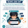 Brain Rot! Beam's Bad Day Activity Guide cover page A colorful activity guide cover for Brain Rot! – Beam’s Bad Day shows a young teen excitedly holding a tablet displaying a large number of social media likes. Surrounding icons, comments, and network graphics represent online attention and digital influence. The cover introduces tech-free and tech-supported activities for ages 11 and up, focused on recognizing digital manipulation, building resilience, and making clearer, more independent choices online.