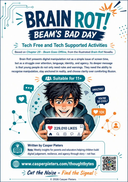 Brain Rot! Beam's Bad Day Activity Guide cover page A colorful activity guide cover for Brain Rot! – Beam’s Bad Day shows a young teen excitedly holding a tablet displaying a large number of social media likes. Surrounding icons, comments, and network graphics represent online attention and digital influence. The cover introduces tech-free and tech-supported activities for ages 11 and up, focused on recognizing digital manipulation, building resilience, and making clearer, more independent choices online.