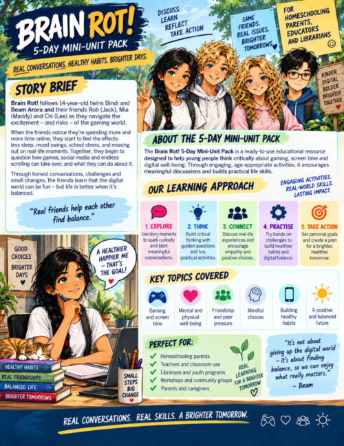 Brain Rot! Mini-Unit Brief A colorful portrait-format overview page for the **Brain Rot! 5-Day Mini-Unit Pack**, designed for homeschooling parents, educators, and librarians. The page combines illustrated characters, short explanatory sections, icons, and learning goals to introduce a story-based approach to healthier digital habits. At the top, the *Brain Rot!* title appears with the message “Real Conversations. Healthy Habits. Brighter Days.” Bindi, Rob, Mia, and Chi stand together smiling in a bright outdoor setting. Nearby notes encourage learners to “Discuss, Learn, Reflect, Take Action” and emphasize real friendships and brighter tomorrows. On the left, a **“Story Brief”** introduces 14-year-old twins Bindi and Beam Arora and their friends as they experience the excitement and risks of gaming and digital life. As screen use begins affecting sleep, mood, school, and real-world activities, the friends question how gaming, social media, and endless scrolling can take over. The central message is that digital life can be enjoyable while still requiring balance. The main section, 'About the 5-Day Mini-Unit Pack,” explains that the resource helps young people think critically about gaming, screen time, and digital well-being through age-appropriate discussions and practical activities. A five-step learning approach follows: Explore story moments and begin conversations; Think critically through questions and activities; **Connect** the ideas with real-life experiences; Practice healthier habits through hands-on challenges; and Take Action by setting personal goals. The **“Key Topics Covered”** section uses colorful icons to highlight gaming and screen time, mental and physical well-being, friendship and peer pressure, mindful choices, healthy habits, and creating a positive, balanced future. At the lower left, Bindi sits thoughtfully at a desk beside a sleeping orange cat, books, notebooks, pencils, and a laptop. A speech bubble reads, “A healthier, happier me — that’s the goal!” The books are labeled “Healthy Habits,” “Real Friendships,” “Balanced Life,” and “Brighter Tomorrows.” Another section explains that the resource is suitable for homeschooling parents, teachers and classrooms, librarians and youth programs, workshops and community groups, and parents and caregivers. A quotation attributed to Beam summarizes the page’s message: “It’s not about giving up the digital world — it’s about finding balance, so we can enjoy what really matters.” The page closes with the words “Real Conversations. Real Skills. A Brighter Tomorrow.”