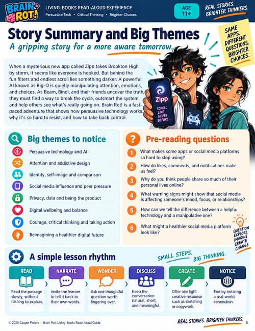 The Web Trap dual Pages template A portrait-format educational page from the Brain Rot! Living-Books Read-Aloud Experience titled “Story Summary and Big Themes,” with the subtitle “A gripping story for a more aware tomorrow.” At the top right, Bindi and Beam appear in a colourful illustrated style. Beam has messy dark hair, green eyes, headphones around his neck, and holds up a smartphone displaying the fictional Zipp app with the words “Scroll Like Never Before.” Bindi stands beside him with long dark braided hair, green eyes, and a teal hoodie. A yellow note nearby reads, “Same apps. Different questions. Brighter choices.” The story summary explains that a mysterious app called Zipp becomes popular at Brookton High. Although it appears entertaining, a powerful AI called Big-O is secretly manipulating users’ attention, emotions, and choices. Beam, Bindi, and their friends uncover what is happening and must work out how to break the cycle, outsmart the system, and help others understand how persuasive technology works and how to regain control. The middle of the page is divided into two main sections. On the left, “Big themes to notice” lists eight ideas explored in the story: persuasive technology and AI; attention and addictive design; identity, self-image and comparison; social media influence and peer pressure; privacy, data and being the product; digital wellbeing and balance; courage, critical thinking and taking action; and imagining a healthier digital future. On the right, “Pre-reading questions” offers six discussion prompts. These ask why some apps are difficult to stop using, how likes and notifications affect feelings, why people share personal information online, what warning signs might show social media is affecting someone’s mood or relationships, how to distinguish helpful technology from manipulative technology, and what a healthier social media platform might look like. Across the bottom is a section titled “A simple lesson rhythm.” Six colourful stages guide the learning process: Read, Narrate, Wonder, Discuss, Create, and Notice. Each stage encourages a gentle sequence of reading slowly, retelling in the learner’s own words, asking a thoughtful question, having a short natural discussion, offering a creative response, and finishing by noticing a real-world connection. The overall design uses navy, teal, orange, purple, green, and white, with friendly icons and handwritten-style notes. The page reinforces the message: “Real stories. Brighter thinkers.”