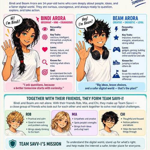 Educational children's book featuring Bindi and Beam, characters from Brain Rot series, promoting curiosity, teamwork, and digital safety for kids aged 11+.