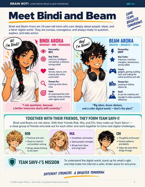 The Web Trap dual Pages template Educational children's book featuring Bindi and Beam, characters from Brain Rot series, promoting curiosity, teamwork, and digital safety for kids aged 11+.