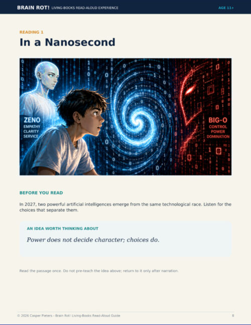 The Web Trap dual Pages template A portrait-format page from the Brain Rot! Living-Books Read-Aloud Experience introducing Reading 1, titled “In a Nanosecond.” The central illustration shows a teenage boy with dark hair caught between two powerful artificial intelligences. On the left stands Zeno, a glowing blue-white humanoid figure associated with empathy, clarity and service. On the right looms Big-O, represented as a dark red digital presence with a glowing eye and themes of control, power and domination. Between them, a bright blue spiral of light and streams of computer code create the sense of a technological conflict unfolding around the boy. Below the image, a section titled “Before You Read” explains that in 2027, two powerful artificial intelligences emerge from the same technological race and asks readers to listen for the choices that separate them. A highlighted reflection box presents the key idea: “Power does not decide character; choices do.” At the bottom, a note advises the reader to read the passage once without pre-teaching the idea, and to return to it only after narration.