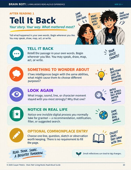 The Web Trap dual Pages template Educational children's book page titled 'Tell It Back' with illustrations of two kids and icons for reading, speaking, and thinking activities.