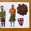 Historical Christian Figures and Symbols Illustration of two Christian figures in historical attire, a shield, and a burden flower, representing Christian heritage and symbolism.