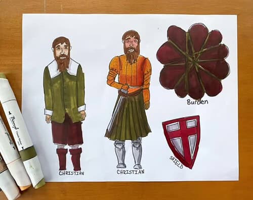 Historical Christian Figures and Symbols Illustration of two Christian figures in historical attire, a shield, and a burden flower, representing Christian heritage and symbolism.