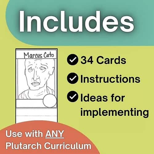 Educational card set for homeschooling with 34 cards, instructions, and ideas for implementing Plutarch curriculum.