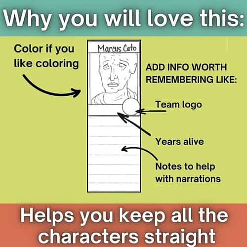 Homeschool Resource Co. Character Chart Educational character chart for homeschooling with notes, team logo, and character details for easy narration.