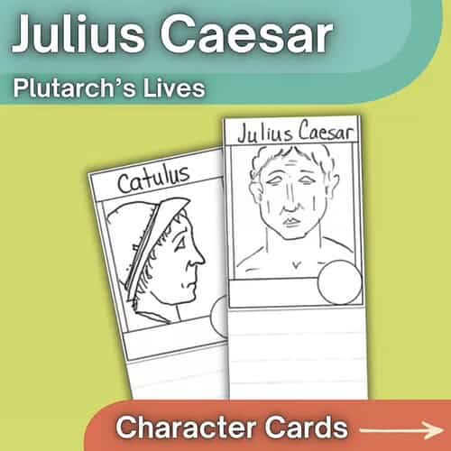 Julius Caesar Character Cards for Homeschool Educational Julius Caesar character cards for homeschooling, featuring illustrations of Julius Caesar and Catulus for history lessons.
