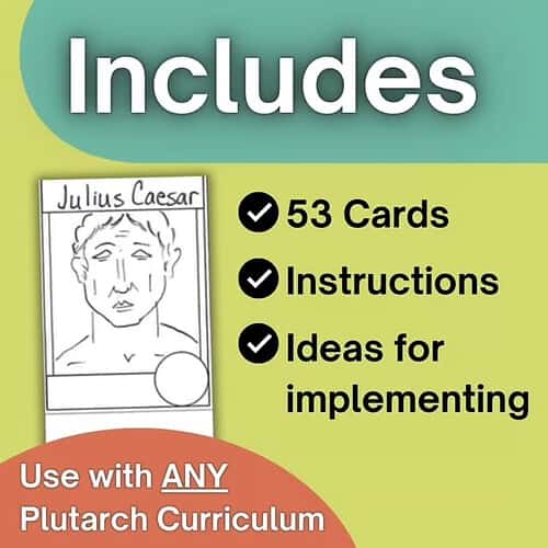 Educational card set featuring Julius Caesar with 53 cards, instructions, and ideas for implementing in homeschool curriculum.