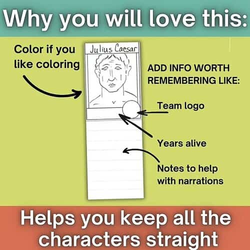 Homeschool Resource Co. Educational Chart Educational chart showing character details for homeschooling, including team logo, years alive, and narration notes.