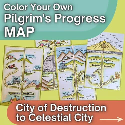 Interactive homeschool map titled 'Color Your Own Pilgrim's Progress Map' featuring various illustrated scenes and landmarks for educational activities.
