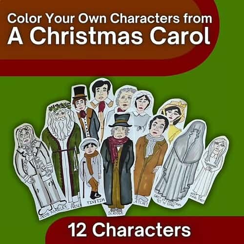 Color Your Own Characters from A Christmas Carol Printable characters from A Christmas Carol for coloring, including Scrooge, Bob Marley, and Tiny Tim, designed for educational and holiday activities.