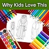Kids Coloring Activity with Christmas Characters Children's coloring activity featuring Christmas characters like Santa, a ghost, and a princess, surrounded by colorful crayons and markers.