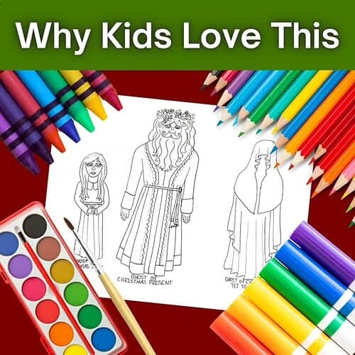 Kids Coloring Activity with Christmas Characters Children's coloring activity featuring Christmas characters like Santa, a ghost, and a princess, surrounded by colorful crayons and markers.