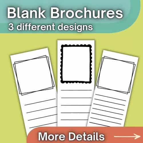 Homeschool Resource Co. Blank Brochures Three different designs of blank brochures with lined pages and decorative borders, ideal for homeschooling projects and educational materials.