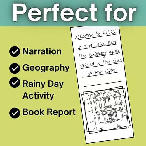 Homeschool Resource Co. Educational Activity Educational activity sheet from Homeschool Resource Co. featuring narration, geography, rainy day activity, and book report for homeschooling.
