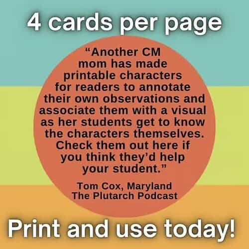Printable Character Cards for Homeschooling Homeschool resource image showing printable character cards with a quote about visual learning for students.