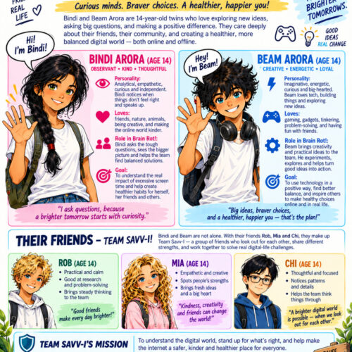 A colorful portrait-format character introduction page from the **Brain Rot! 5-Day Mini-Unit Pack**, designed for ages 11–14. The large heading reads **“Meet Bindi and Beam,”** with the message, “Curious minds. Braver choices. A healthier, happier you!” The page introduces **Bindi and Beam Arora**, 14-year-old twins who enjoy exploring ideas, asking questions, helping their friends, and creating a healthier balance between online and offline life. On the left, **Bindi** smiles and waves. She has long black hair in a braid, green eyes, a white T-shirt, jeans, and a backpack. Her pink character panel describes her as observant, kind, thoughtful, analytical, empathetic, curious, and independent. She loves friends, nature, animals, and creativity. In *Brain Rot!*, Bindi asks difficult questions, sees the bigger picture, and helps the team find balanced solutions. Her goal is to understand the effects of excessive screen time and encourage healthier habits. On the right, **Beam** smiles and waves. He has messy black hair, blue eyes, a white T-shirt, backpack, and large headphones around his neck. His blue character panel describes him as creative, energetic, loyal, imaginative, curious, and big-hearted. He enjoys technology, gaming, gadgets, tinkering, and problem-solving. Beam brings practical ideas to the team and wants to use technology positively while finding a healthier balance between online and real life. The lower section introduces their friends and fellow **Team Savv-i** members. **Rob**, with curly blond hair, is practical, calm, and good at research and problem-solving. **Mia**, with long curly blond hair, is empathetic and creative and brings fresh ideas and a big heart. **Chi**, with short black hair and glasses, is thoughtful and focused, notices patterns and details, and helps the team think problems through. A banner explains **Team Savv-i’s mission**: to understand the digital world, stand up for what is right, and help make the internet safer, kinder, and healthier for everyone. The bottom of the page is decorated with colorful plants and flowers surrounding the message **“Real friends. Healthy habits. Brighter tomorrows.”** A wooden sign reads, “Pause. Choose. Balance. Thrive.”