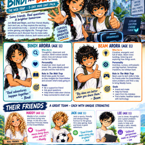This is a colorful, comic-style “Meet Bindi and Beam” character introduction page for The Web Trap: 5-Day Mini Unit Pack. It combines character profiles with the unit’s themes of friendship, virtual reality, digital choices and healthier technology use. At the top, a large wooden sign reads “Meet Bindi and Beam,” with “The Web Trap – 5-Day Mini Unit Pack” underneath. Bindi and Beam stand beside the sign in a bright workshop filled with technology and glimpses of a fantasy virtual world. Bindi has long black hair in a single braid, green eyes, a white T-shirt and backpack. She reaches toward the reader and says, “Hi! I’m Bindi!” Beam has messy black hair, blue-green eyes, a white T-shirt and backpack. He gives a thumbs-up and says, “G’day! I’m Beam!” A glowing DreamWalker virtual-reality headset sits prominently in front of them. An introductory panel explains that Bindi, Beam and their friends Maddy, Jack and Lee explore the exciting and sometimes difficult worlds of virtual reality, online gaming and digital life. Their adventure encourages learners to think about safer, smarter and kinder choices both online and offline. Nearby handwritten messages emphasize curiosity, friendship and brighter choices. The middle of the page contains two large character profiles. Bindi Arora, age 11, is described as thoughtful, observant and cautious. She notices details others miss, cares deeply about her friends and helps guide the team through the DreamWalker experience. Her goals include being a supportive friend, asking good questions, helping others make wiser choices and staying connected to what is real. Her quote reads, “Real adventures happen together.” Beam Arora, also age 11, is creative, energetic and full of ideas. He enjoys building, tinkering and discovering how things work. He uses his technical skills to help the group enter the DreamWalker, solve problems and find a way to bring Maddy home. His goals include inventing, helping his friends, learning from mistakes and finding a healthier balance with technology. His quote reads, “Big ideas are better when you share them.” The lower section, titled “Their Friends,” introduces three more characters. Maddy is a curly blonde girl who loves trying new things and becomes Princess Aleela inside the DreamWalker. Her message emphasizes friendship and being there for one another both online and offline. Jack is a cheerful, curly-haired blond boy holding a soccer ball. He is sporty, friendly, humorous and loyal. Lee has short black hair, glasses and holds a tablet. He is clever, thoughtful and a strong problem-solver who brings a calm perspective to the team. The page ends with a bright coastal landscape surrounded by flowers and greenery. A central banner reads, “Explore • Reflect • Create • Make a Difference.” Wooden signs on the left say “Real Friends,” “Mindful Tech,” “Kinder Communities” and “Brighter Tomorrows.” On the right, a handwritten message says that a brighter tomorrow starts with the choices we make today. Overall, the page introduces the five young characters while connecting their personalities and roles directly to the 5-Day Mini Unit Pack’s central themes: friendship, thoughtful technology use, questioning digital experiences, reflection and making responsible choices.