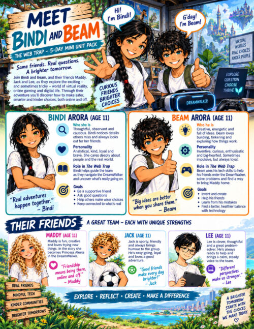 Meet Bindi and Beam This is a colorful, comic-style “Meet Bindi and Beam” character introduction page for The Web Trap: 5-Day Mini Unit Pack. It combines character profiles with the unit’s themes of friendship, virtual reality, digital choices and healthier technology use. At the top, a large wooden sign reads “Meet Bindi and Beam,” with “The Web Trap – 5-Day Mini Unit Pack” underneath. Bindi and Beam stand beside the sign in a bright workshop filled with technology and glimpses of a fantasy virtual world. Bindi has long black hair in a single braid, green eyes, a white T-shirt and backpack. She reaches toward the reader and says, “Hi! I’m Bindi!” Beam has messy black hair, blue-green eyes, a white T-shirt and backpack. He gives a thumbs-up and says, “G’day! I’m Beam!” A glowing DreamWalker virtual-reality headset sits prominently in front of them. An introductory panel explains that Bindi, Beam and their friends Maddy, Jack and Lee explore the exciting and sometimes difficult worlds of virtual reality, online gaming and digital life. Their adventure encourages learners to think about safer, smarter and kinder choices both online and offline. Nearby handwritten messages emphasize curiosity, friendship and brighter choices. The middle of the page contains two large character profiles. Bindi Arora, age 11, is described as thoughtful, observant and cautious. She notices details others miss, cares deeply about her friends and helps guide the team through the DreamWalker experience. Her goals include being a supportive friend, asking good questions, helping others make wiser choices and staying connected to what is real. Her quote reads, “Real adventures happen together.” Beam Arora, also age 11, is creative, energetic and full of ideas. He enjoys building, tinkering and discovering how things work. He uses his technical skills to help the group enter the DreamWalker, solve problems and find a way to bring Maddy home. His goals include inventing, helping his friends, learning from mistakes and finding a healthier balance with technology. His quote reads, “Big ideas are better when you share them.” The lower section, titled “Their Friends,” introduces three more characters. Maddy is a curly blonde girl who loves trying new things and becomes Princess Aleela inside the DreamWalker. Her message emphasizes friendship and being there for one another both online and offline. Jack is a cheerful, curly-haired blond boy holding a soccer ball. He is sporty, friendly, humorous and loyal. Lee has short black hair, glasses and holds a tablet. He is clever, thoughtful and a strong problem-solver who brings a calm perspective to the team. The page ends with a bright coastal landscape surrounded by flowers and greenery. A central banner reads, “Explore • Reflect • Create • Make a Difference.” Wooden signs on the left say “Real Friends,” “Mindful Tech,” “Kinder Communities” and “Brighter Tomorrows.” On the right, a handwritten message says that a brighter tomorrow starts with the choices we make today. Overall, the page introduces the five young characters while connecting their personalities and roles directly to the 5-Day Mini Unit Pack’s central themes: friendship, thoughtful technology use, questioning digital experiences, reflection and making responsible choices.
