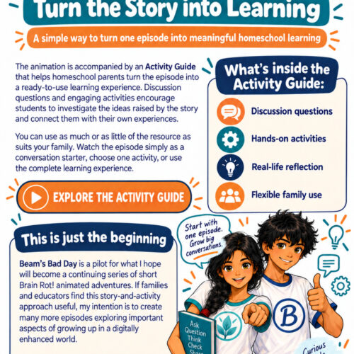A colorful homeschool learning page titled “Turn the Story into Learning” explains how the Brain Rot! animation can be used with an Activity Guide. The page highlights discussion questions, hands-on activities, real-life reflection, and flexible family use. Bindi and Beam appear at the bottom beside friendly digital-themed icons and messages encouraging families to begin with one episode and build meaningful conversations.