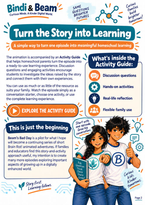Page 2 Welcome document A colorful homeschool learning page titled “Turn the Story into Learning” explains how the Brain Rot! animation can be used with an Activity Guide. The page highlights discussion questions, hands-on activities, real-life reflection, and flexible family use. Bindi and Beam appear at the bottom beside friendly digital-themed icons and messages encouraging families to begin with one episode and build meaningful conversations.