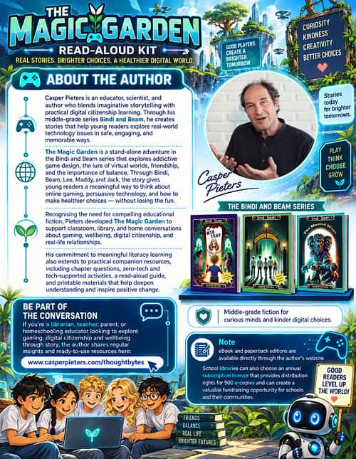 About the Author Homeschool Resource Co. features Casper Pieters, author of The Magic Garden series, with a vibrant digital illustration of children and a robot in a colorful garden setting.