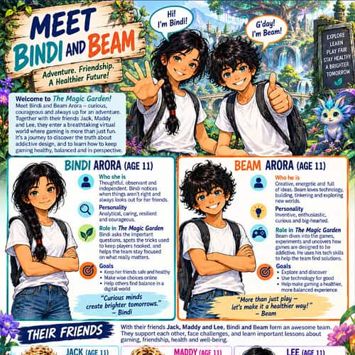 Colorful illustration of three diverse children and a friendly creature, promoting homeschooling and friendship.