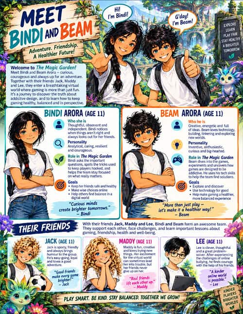 Meet Bindi and Beam Colorful illustration of three diverse children and a friendly creature, promoting homeschooling and friendship.
