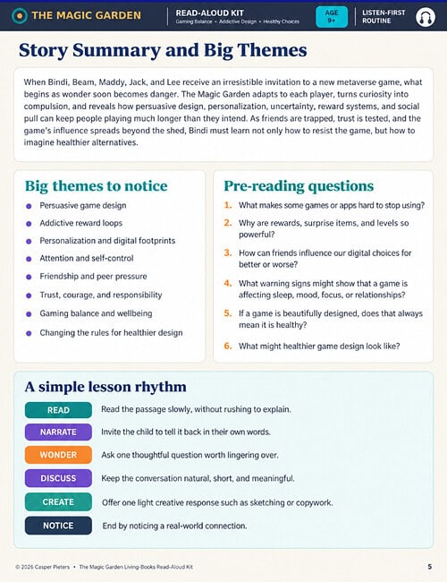 The Story Brief Educational game design image showing story summary, themes, pre-reading questions, and lesson rhythm for homeschooling.
