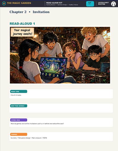 The Invitation Group of children engaging with a magical-themed online game on a laptop, promoting homeschool learning and interactive activities.