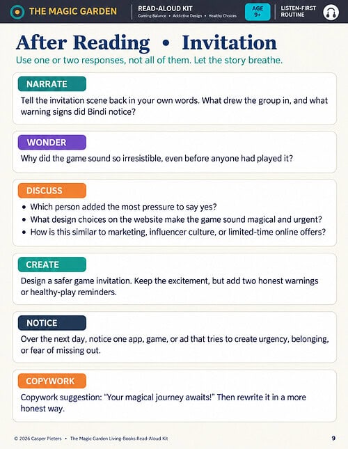 After Reading Invitation Educational game instructions for after reading, including sections on narrate, wonder, discuss, create, notice, and copywork.