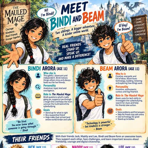 Meet Bindi and Beam, two 11-year-old siblings with unique personalities, in this colorful image promoting the homeschool adventure game. Features their descriptions and friends.