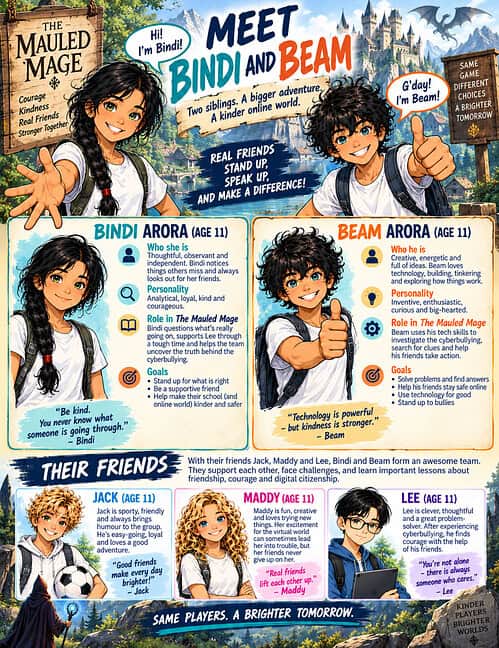 Meet Bindi and Beam Meet Bindi and Beam, two 11-year-old siblings with unique personalities, in this colorful image promoting the homeschool adventure game. Features their descriptions and friends.