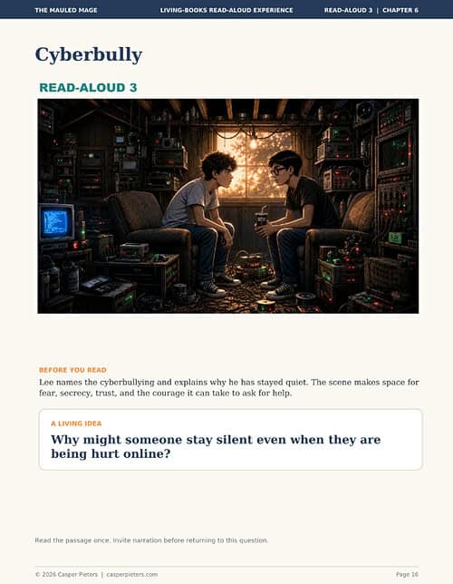 Cyberbullying Chapter A portrait-format page from The Mauled Mage Living-Books Read-Aloud Experience, labeled “Read-Aloud 3 | Chapter 6,” with the main heading “Cyberbully.” The central illustration shows two boys sitting opposite each other in a dim, cluttered workshop or shed filled with electronic equipment, cables, monitors, and small glowing indicator lights. Warm late-afternoon light shines through a window behind them. The boy on the left leans forward attentively, listening. The boy on the right wears glasses and holds a drink in both hands. His posture and serious expression suggest that he is sharing something difficult or personal. The surrounding technology creates a closed, private atmosphere for the conversation. Below the illustration, a section titled “Before You Read” explains that Lee names the cyberbullying and reveals why he has remained silent. The scene introduces themes of fear, secrecy, trust, and the courage required to ask for help. A boxed prompt titled “A Living Idea” asks: “Why might someone stay silent even when they are being hurt online?” At the bottom of the page, a note encourages the reader to hear the passage once and narrate it before returning to the question.