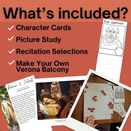 Homeschool resource kit includes character cards, picture study, recitation selections, and DIY Verona balcony project for engaging history lessons.