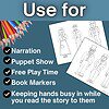 Homeschool resource image showing coloring pages and colored pencils for narration puppet show free play time and book markers.