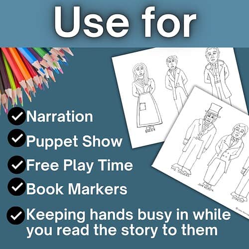 Homeschool resource image showing coloring pages and colored pencils for narration puppet show free play time and book markers.