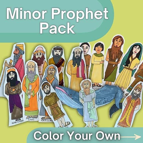 Colorful illustrated set of minor prophets for homeschool teaching, including figures like King Jeroboam and Amos, with a whale and other biblical symbols.