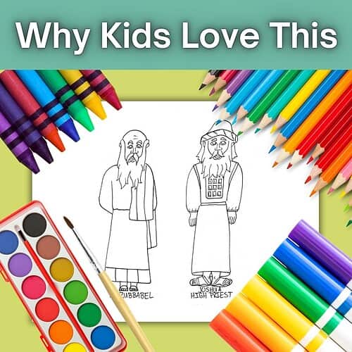 TPT color your own covers (23) Colorful crayons, watercolor paints, and a coloring page featuring biblical characters, promoting fun and educational homeschooling activities for kids.