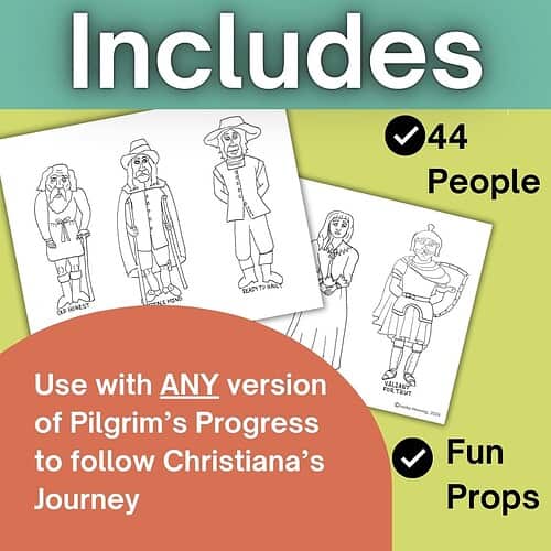 Homeschool resource image showing 44 printable character coloring pages for Christian homeschooling activities.
