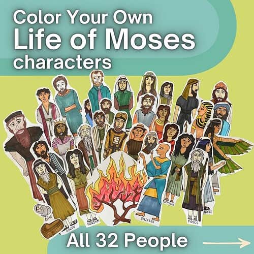 Colorful illustrated characters of Moses for educational homeschooling activities, featuring 32 diverse figures with various clothing and accessories.