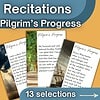Collection of four homeschool recitation scripts titled 'Pilgrim's Progress' with scenic backgrounds.