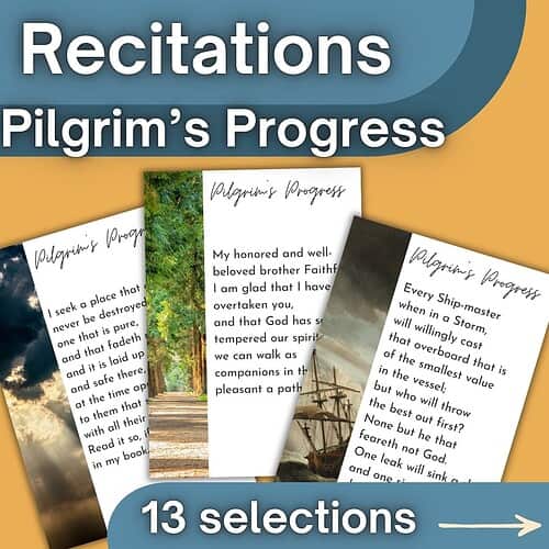 TPT recitation covers (32) Collection of four homeschool recitation scripts titled 'Pilgrim's Progress' with scenic backgrounds.
