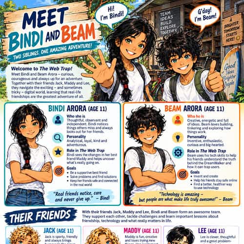 Colorful educational poster featuring two characters, Bindi and Beam, with information about their personalities, interests, and goals, promoting teamwork and friendship.