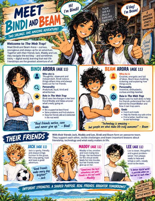 TWT HRC Meet Bindi & Beam Colorful educational poster featuring two characters, Bindi and Beam, with information about their personalities, interests, and goals, promoting teamwork and friendship.