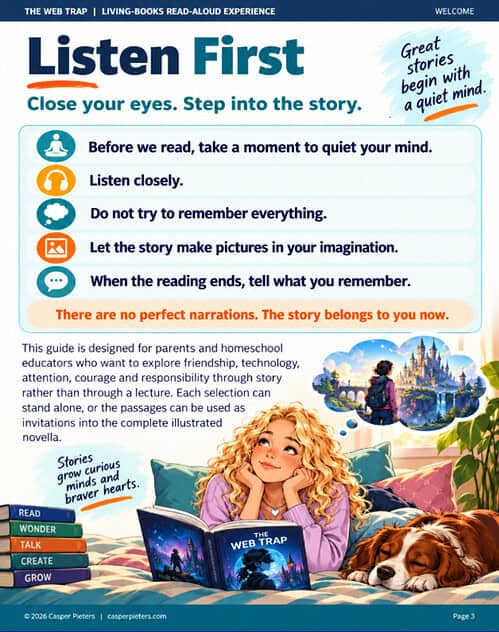 TWT HRC Listen First Children engaging with a storybook titled 'The Web Trap' in a cozy, colorful reading nook with a dog, promoting active listening and imagination in homeschooling.