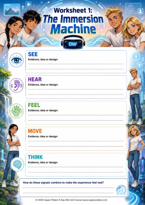 WORKSHEET - The Immersion Machine This is a colourful educational worksheet titled “Worksheet 1: The Immersion Machine,” designed as part of The Web Trap 5-Day Mini Unit Course. It encourages learners to investigate how virtual-reality technology can use different sensory and mental signals to make an artificial experience feel real. At the top, the title appears against a glowing blue digital background filled with circular interface graphics and floating technology symbols. A black-and-silver DreamWalker virtual-reality headset marked “DW” sits beneath the title, surrounded by flowing blue light. Four young characters from The Web Trap appear around the heading. On the left are Bindi, with long black hair in a braid, and Beam, with messy black hair. On the right are Jack, with short blond hair, and Maddy, with shoulder-length blonde hair. All four wear simple white T-shirts. The main worksheet is divided into five large writing sections, each asking the learner to record “Evidence, idea or design.” The first section is “SEE,” shown in blue with an eye icon. Students can consider what visual information an immersive system might provide. The second is “HEAR,” shown in purple with an ear icon, inviting learners to consider sound and auditory effects. The third is “FEEL,” shown in green with a hand icon, focusing on physical sensations or other forms of sensory feedback. The fourth is “MOVE,” shown in orange. This section encourages learners to consider how body movement and physical interaction might contribute to immersion. The fifth is “THINK,” shown in turquoise with a brain icon, encouraging consideration of the thoughts, expectations or mental responses that help make an experience convincing. Each section provides several dotted lines where students can record observations, evidence or their own design ideas. At the bottom is a larger reflection question: “How do these signals combine to make the experience feel real?” Additional lines are provided for the learner’s response. Along both sides of the worksheet are full-body illustrations of characters from the story. Bindi appears on the lower left against a natural landscape with trees, cliffs and waterfalls. Jack and Maddy appear on the right against a futuristic cityscape filled with glowing blue technology. This contrast visually connects the real, natural world with the digitally enhanced world explored in The Web Trap. Overall, the worksheet uses the fictional DreamWalker technology as a starting point for investigating how immersive technology engages sight, hearing, physical sensation, movement and thought. Its purpose is to encourage observation, critical thinking and discussion about why virtual experiences can feel so convincing.